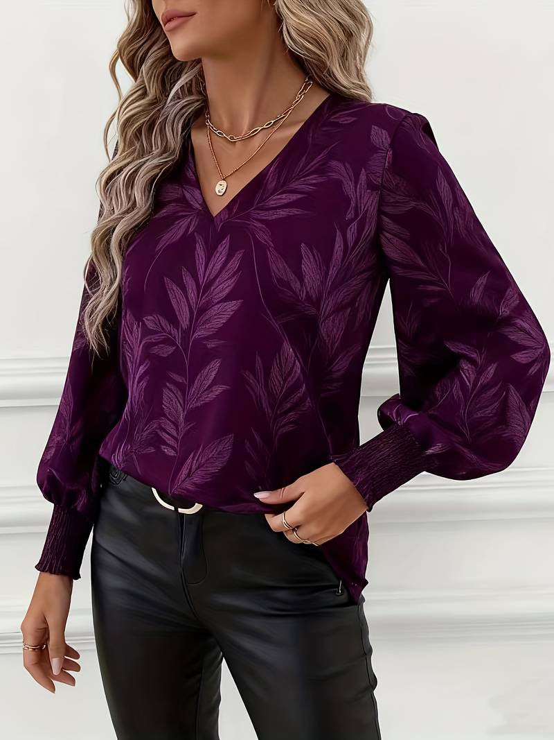 Heliviennea - Elegante Blouse met Lange Mouwen Bladerenprint