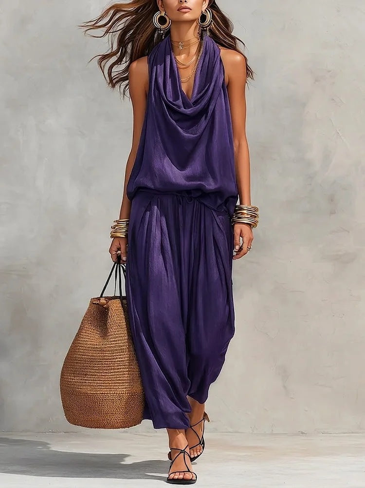 Qyraxa - Vrouwen tweedelig set vloeiende polyester elegante avond zomer