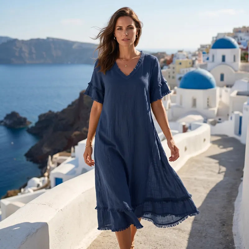 Naelle - Vrouwenjurk met V-hals en franjes in boho-stijl