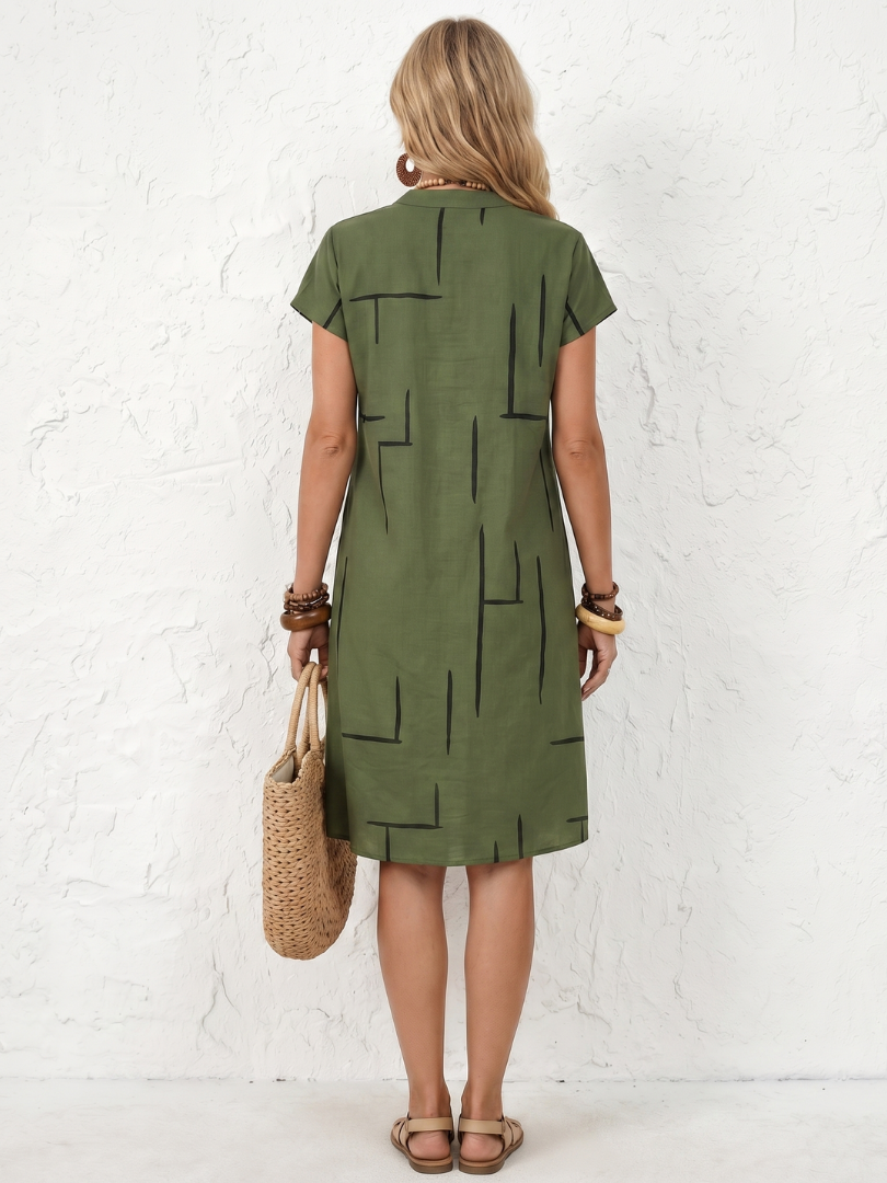 Olivrixa - Midi-jurk voor vrouwen met abstracte print in katoen-linnen casual snit