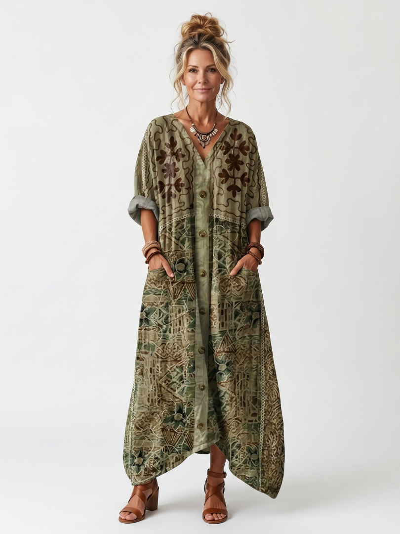 Apollonia - Bohemian jurk voor dames met knopen en bloemenprint