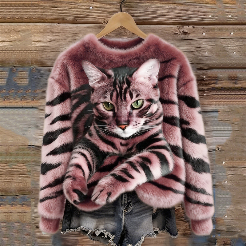 Lunavessine - Plush Sweatshirt met Tijger- en Tabbykatpatroon