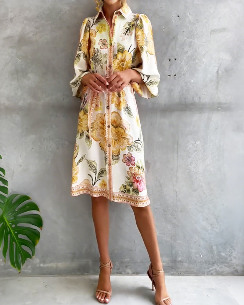 Glyssara - Elegante bloemenjurk voor dames met lantaenmouwen en knopen