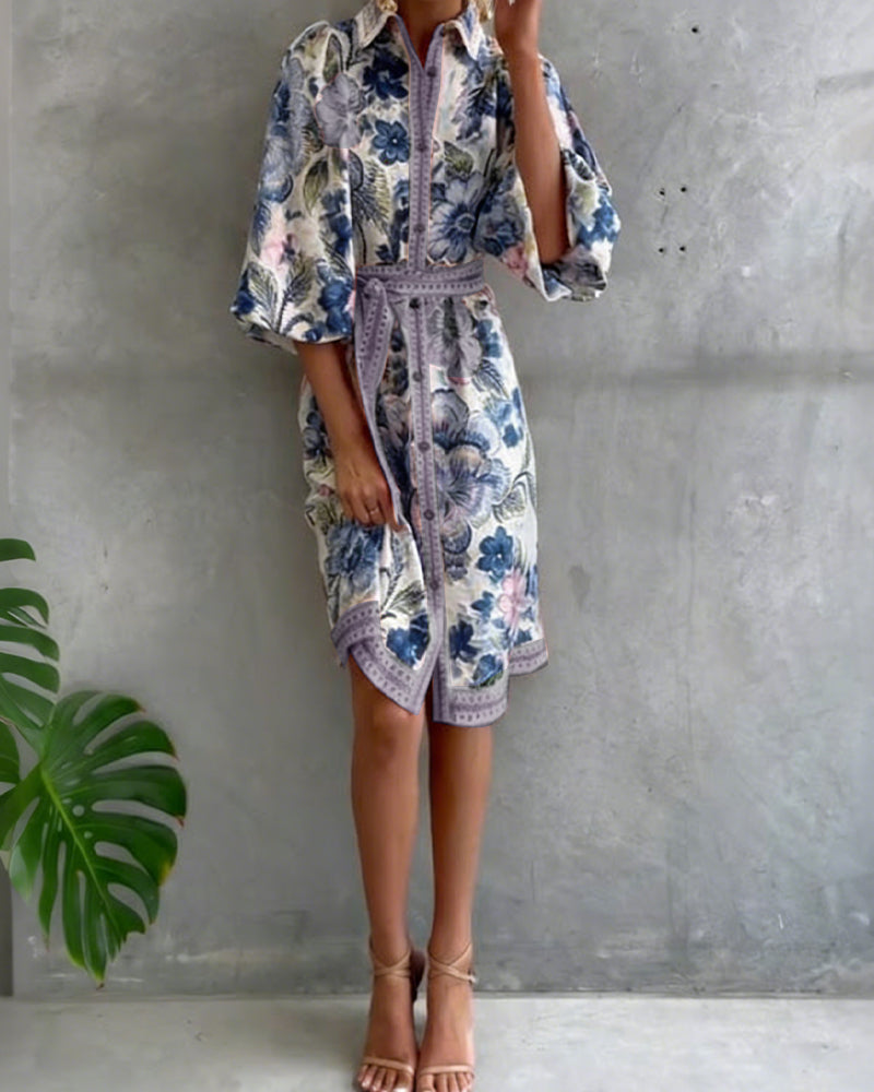 Glyssara - Elegante bloemenjurk voor dames met lantaenmouwen en knopen
