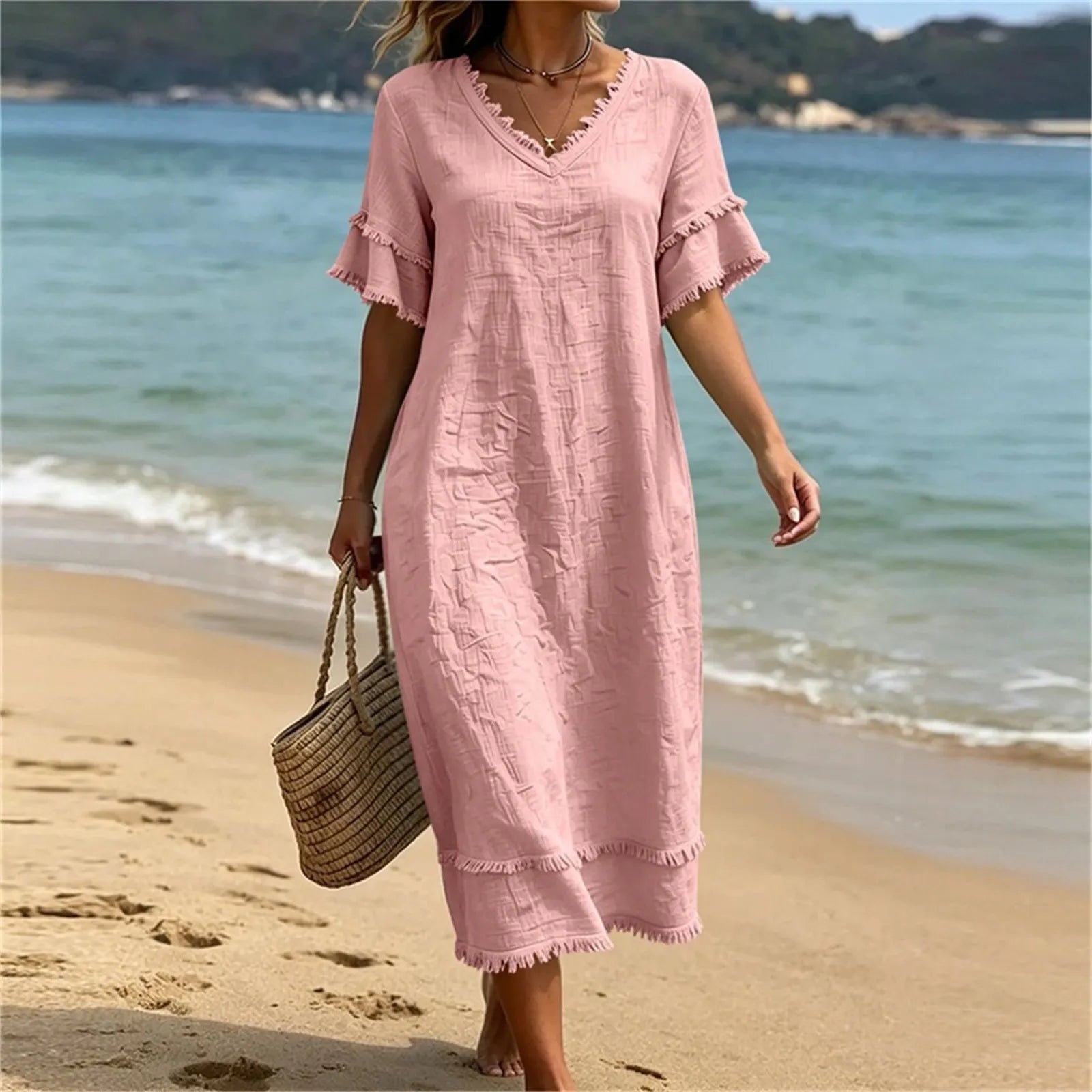 Naelle - Vrouwenjurk met V-hals en franjes in boho-stijl