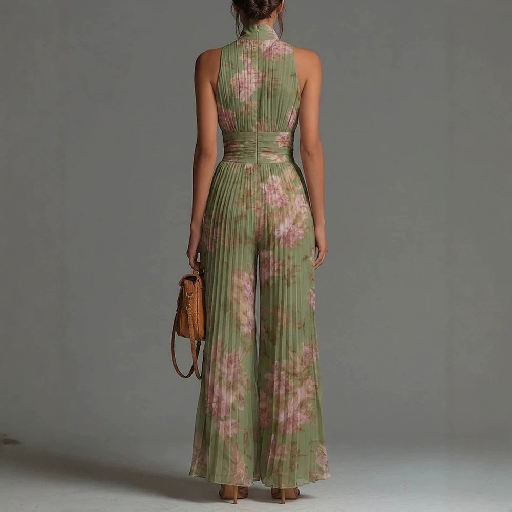 Loravelle - Plissé jumpsuit voor dames met V-hals en wijde benen