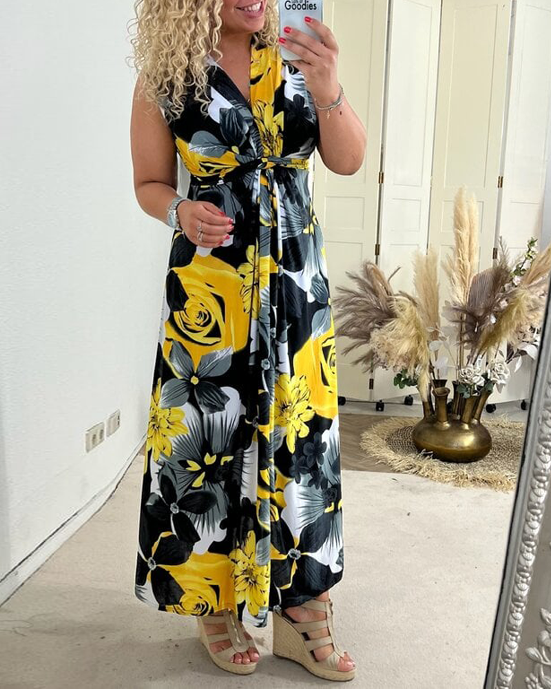 Sacha - Elegante bloemenprint mouwloze plissé jurk