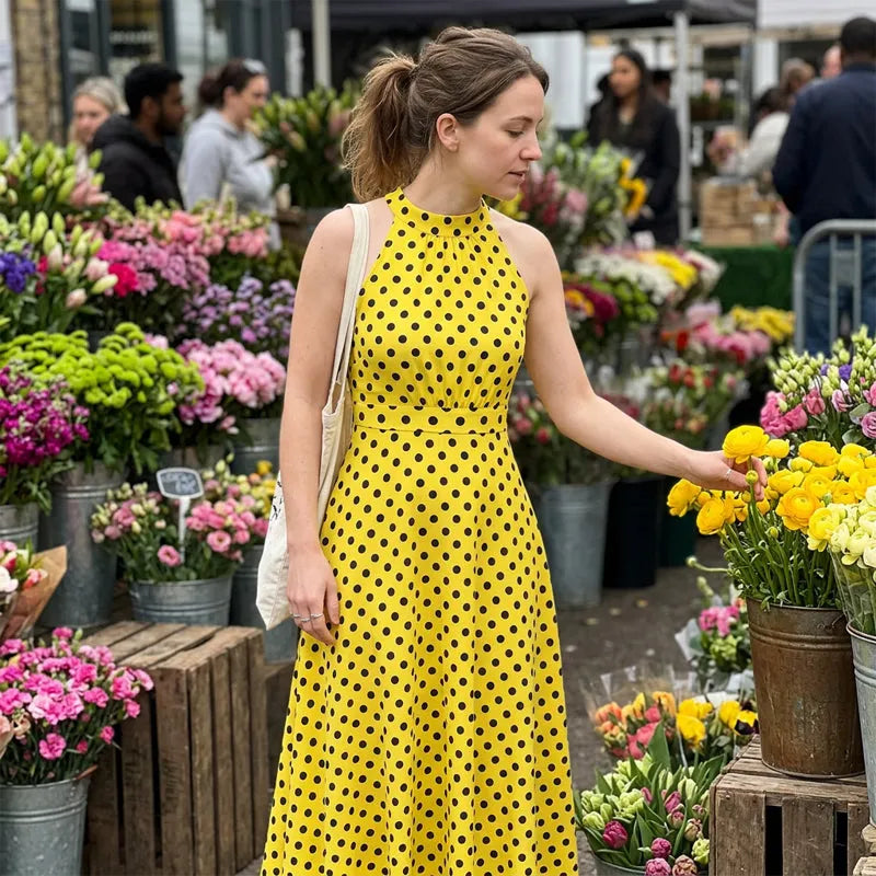 Theodora - Maxi jurk voor vrouwen met stippen en halternek