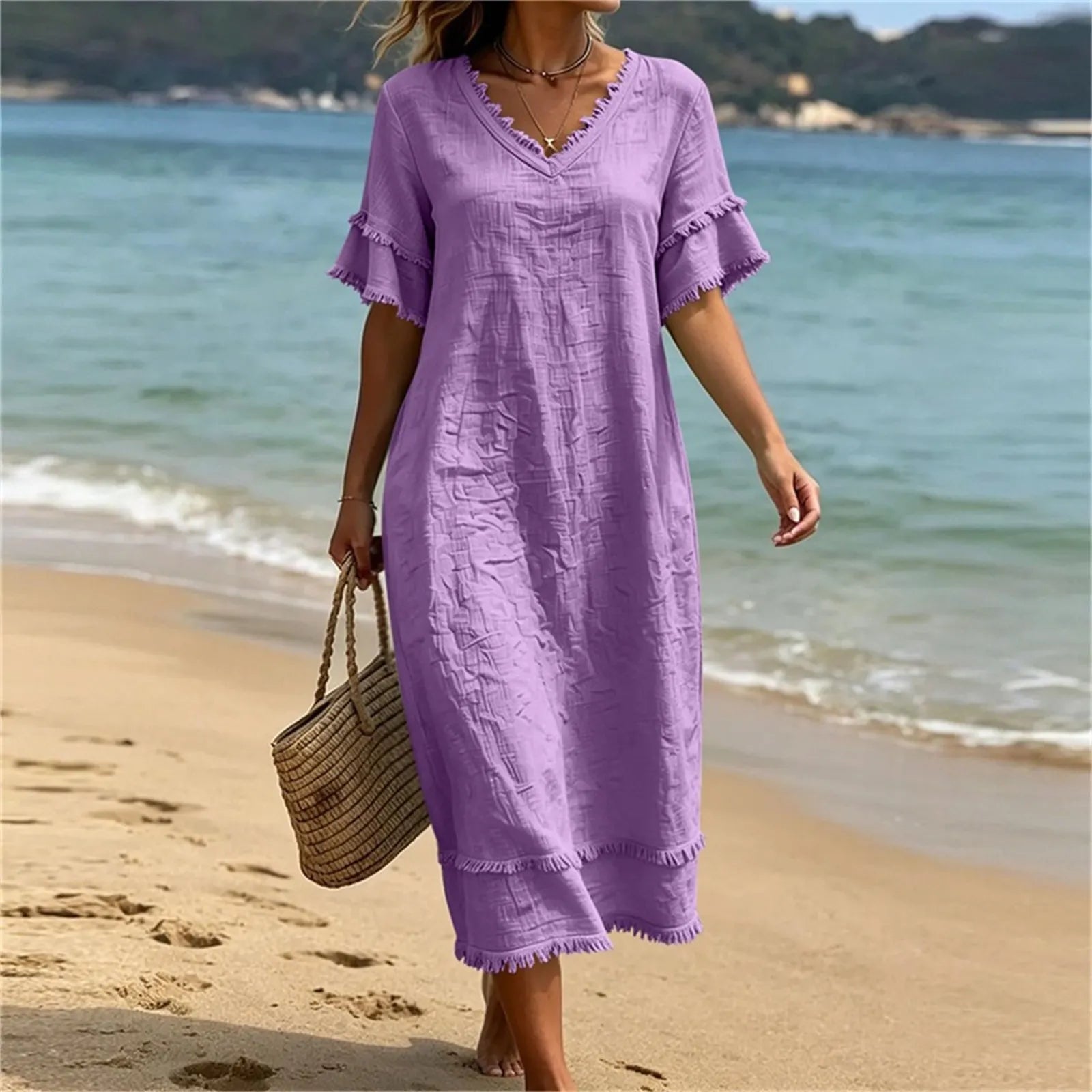 Naelle - Vrouwenjurk met V-hals en franjes in boho-stijl