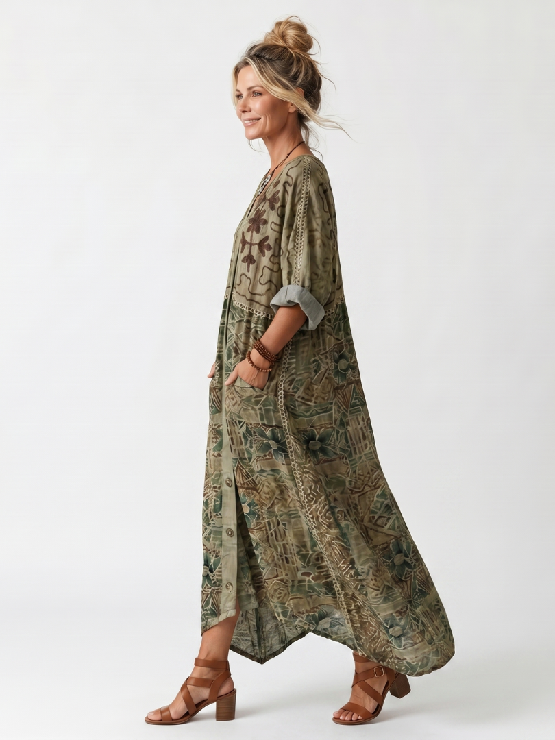 Apollonia - Bohemian jurk voor dames met knopen en bloemenprint