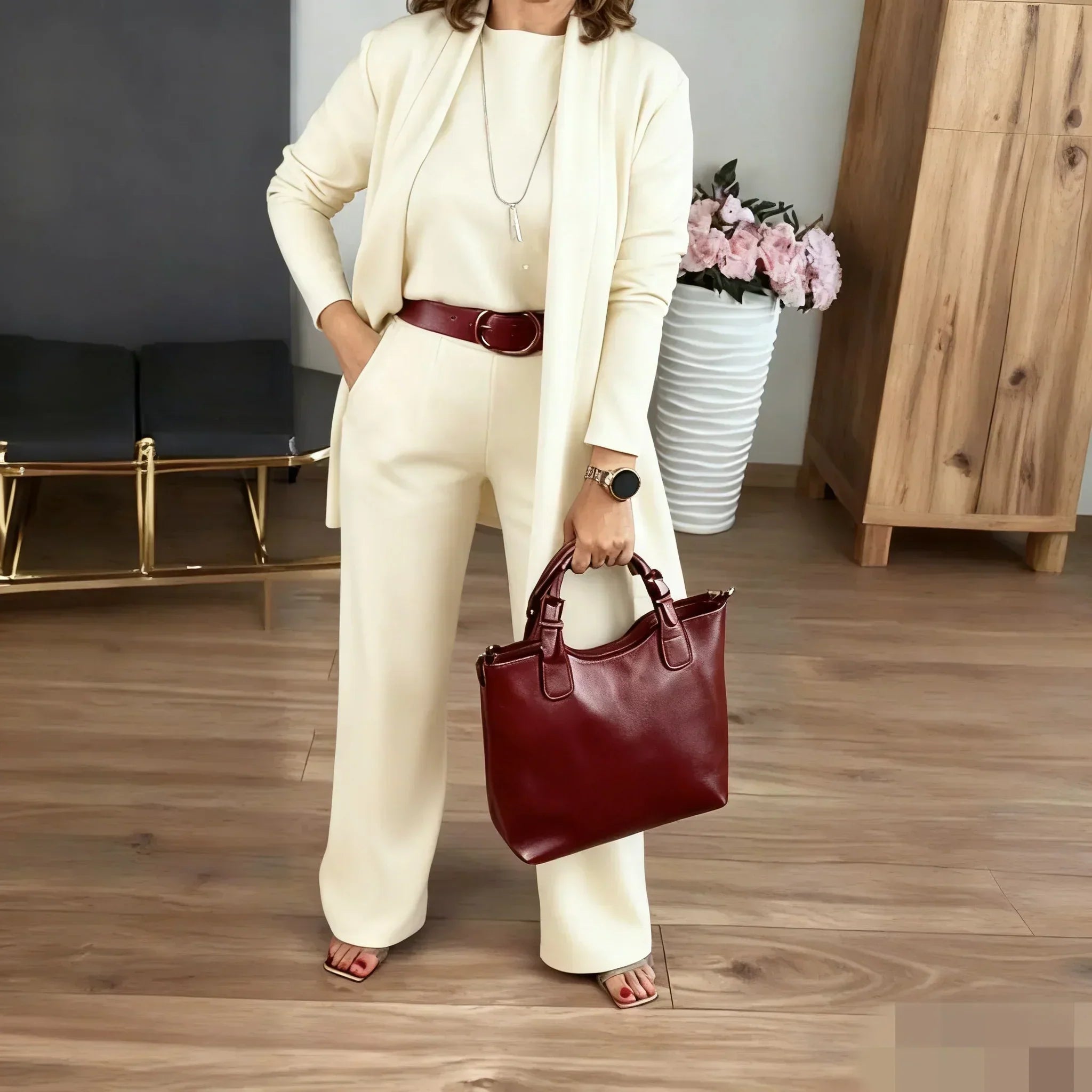 Edda - Dames driedelige set met elegante lange cardigan