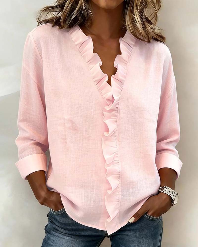 Elissavienne - Elegante Katoenen Blouse met Volants en V-Hals