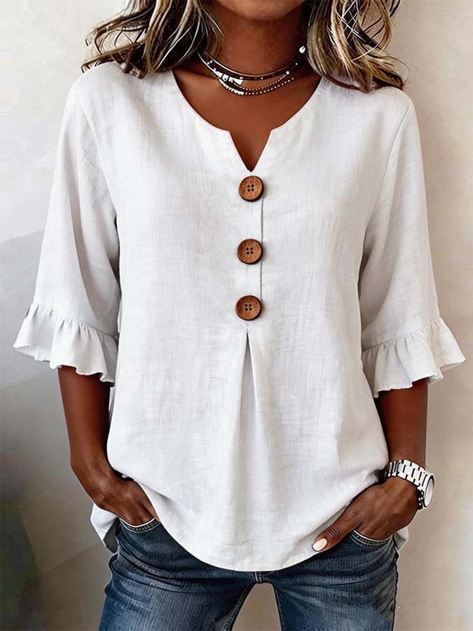 Tyvora - Dames blouse effen soepel met volantmouwen houten knopen bohemian stijl
