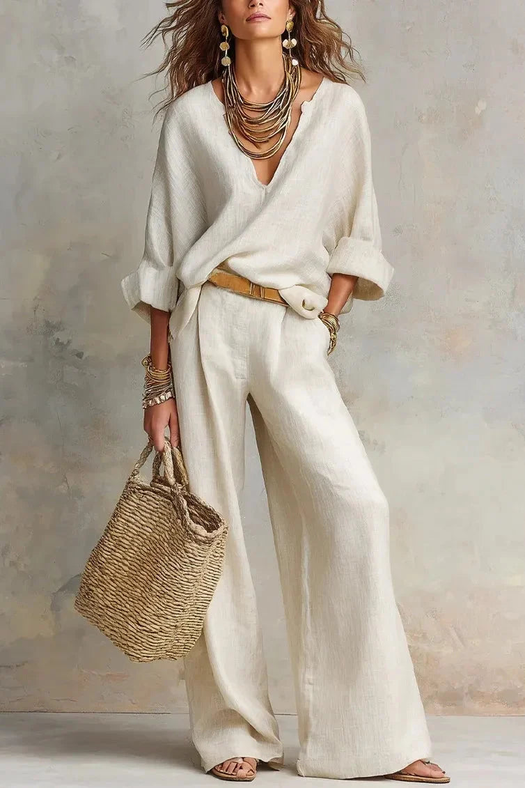 Annemarie - V-hals damesensemble met brede broek