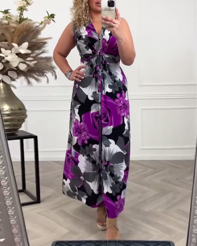 Sacha - Elegante bloemenprint mouwloze plissé jurk
