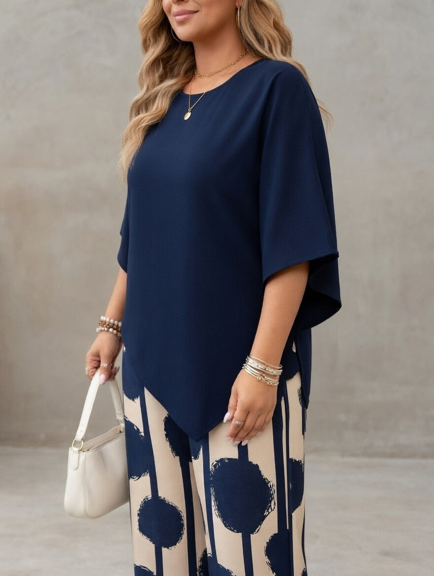 Lunoria - Vrouwen tweedelig ensemble met asymmetrische top en geprinte broek