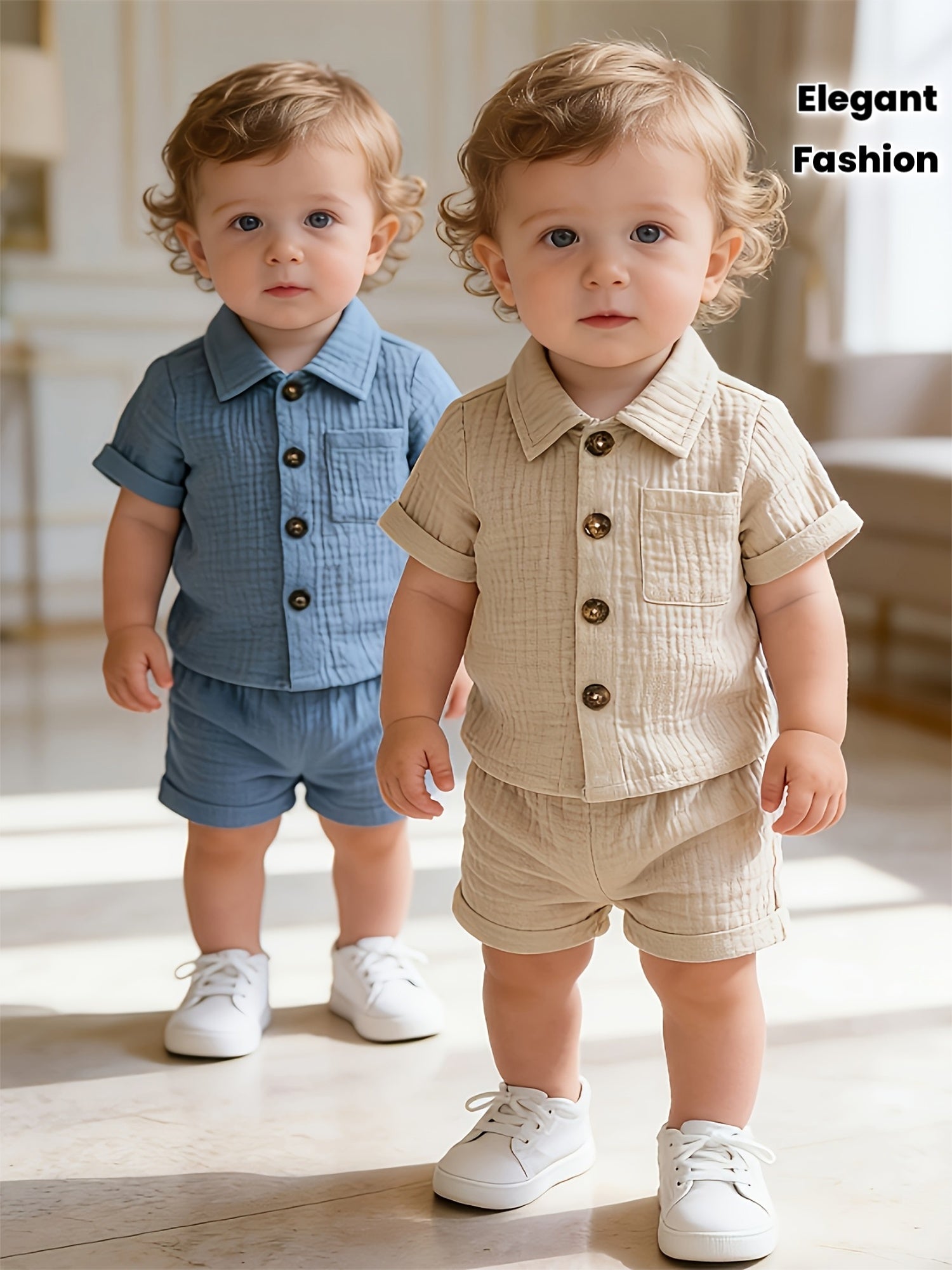 Fashion Summer Set Fresh Blue-Gray Two-Color Short-Sleeved Shirt + Shorts Combination Four-Piece Set, Whether It Is Daily Outing Or Family Gathering, Can Make The Show Lovely And Elegant, for Outdoor