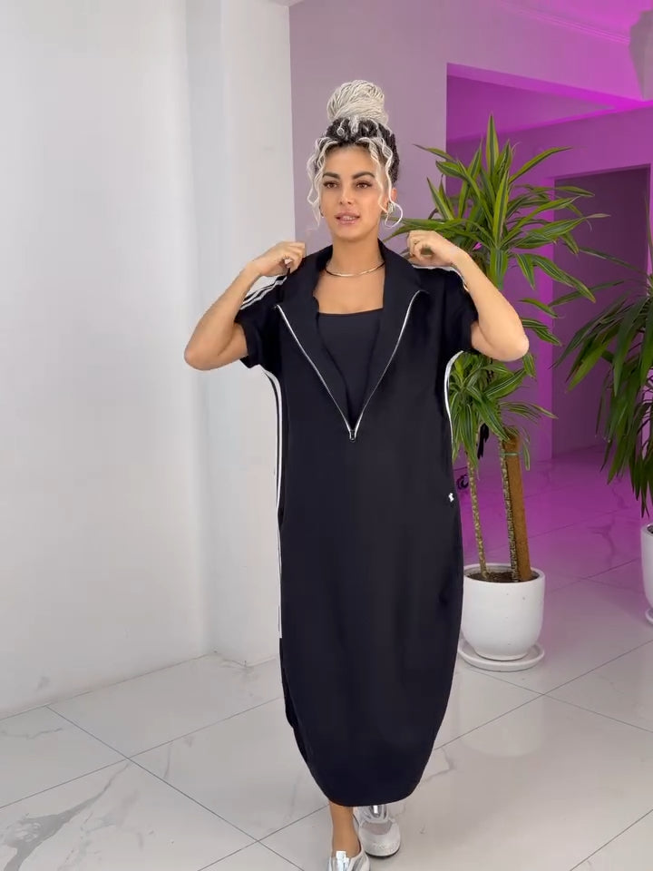 Gavrixa - Lange damesjurk met rits, hoge kraag, vloeiende snit, sportieve chique stijl, comfortabel