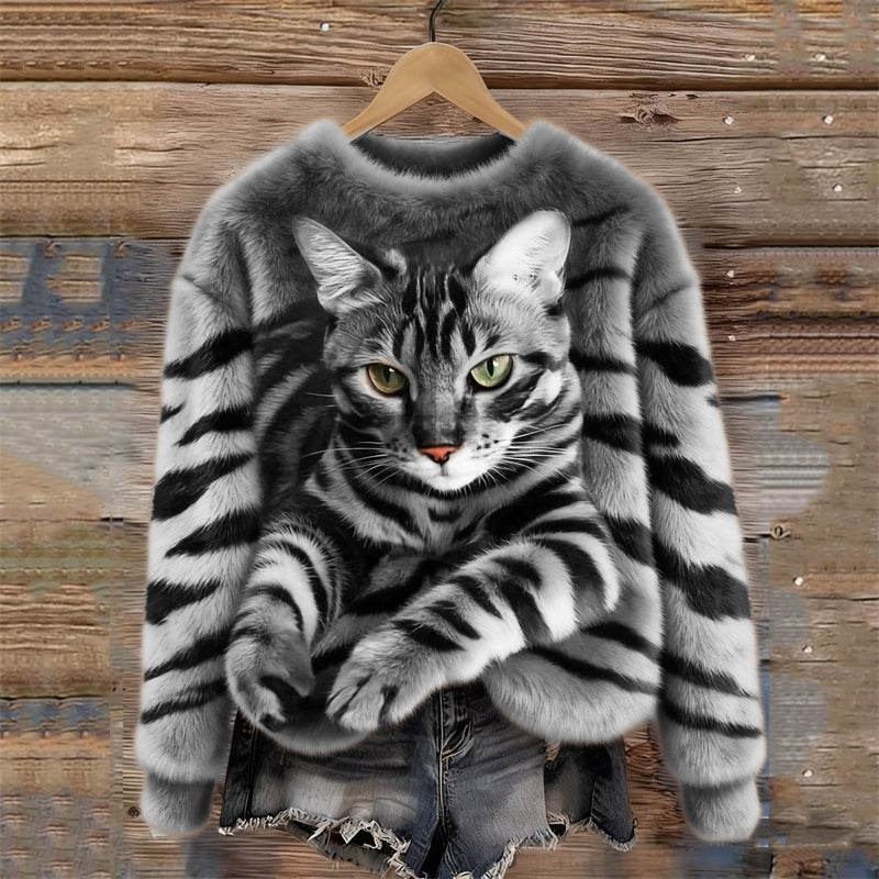 Lunavessine - Plush Sweatshirt met Tijger- en Tabbykatpatroon