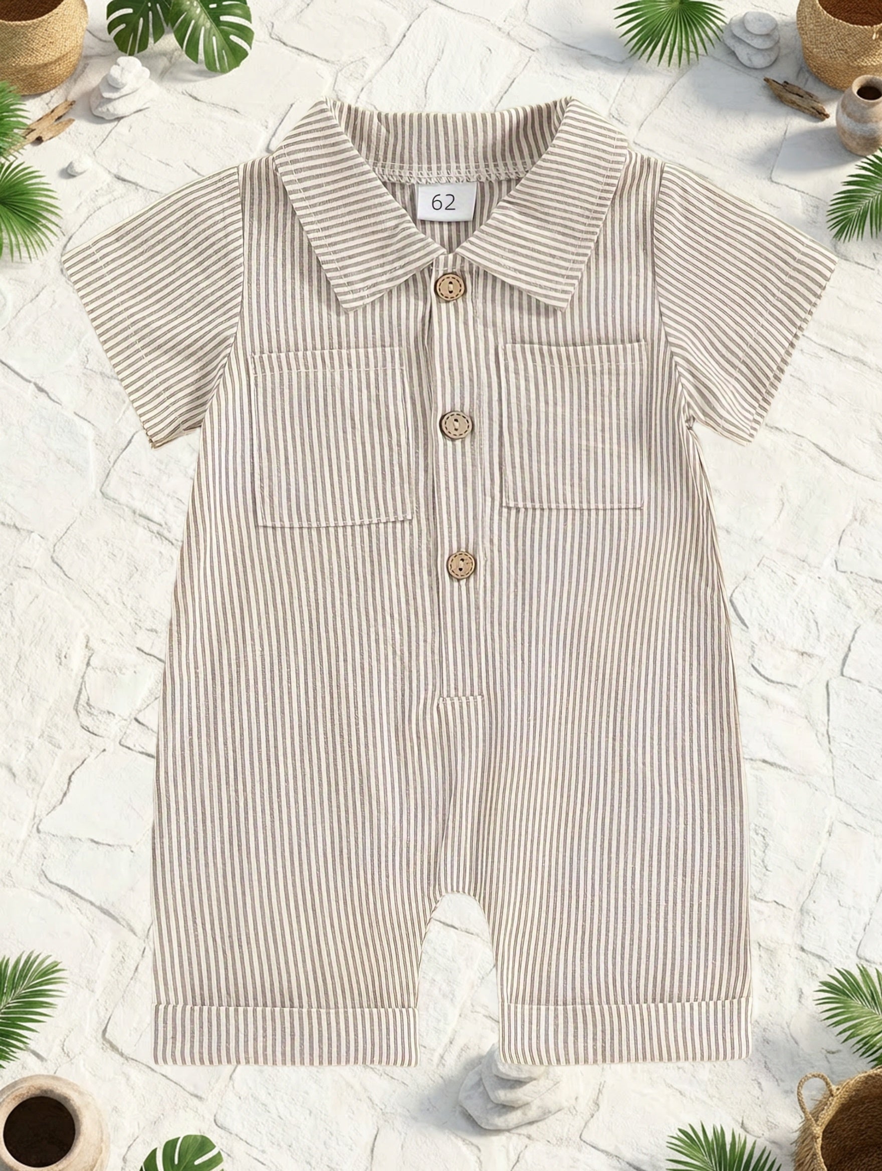 Boys' Summer Striped Print Collared Short Sleeve Bodysuit with Buttons, Perfect for Outdoor