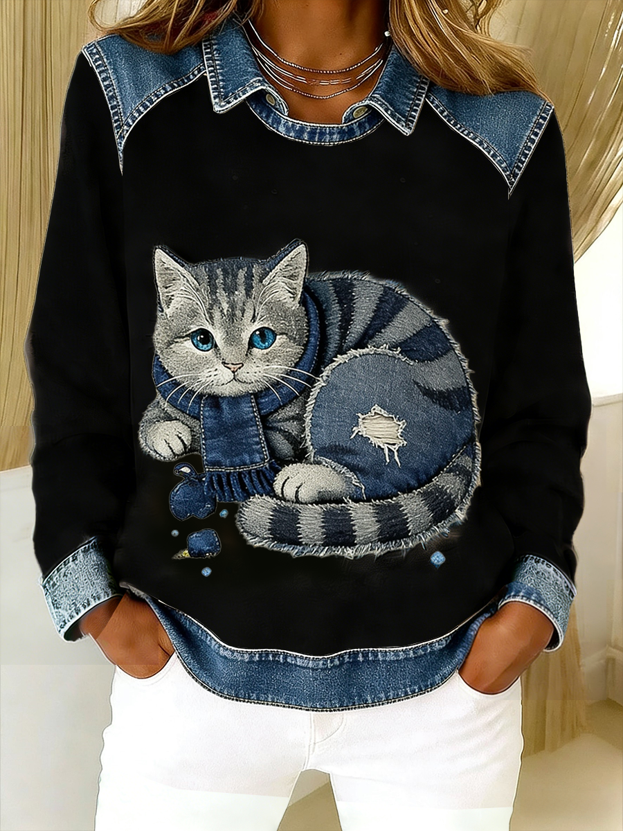 Oravellissa - Sweatshirt en Denim Patchwork Retro