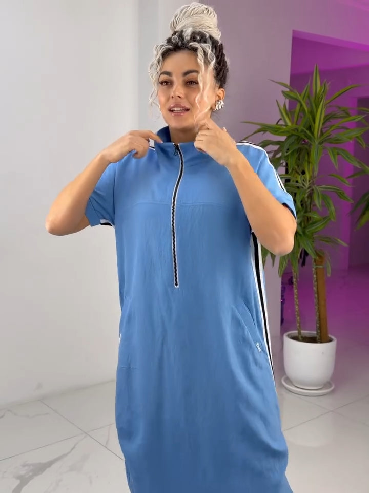 Gavrixa - Lange damesjurk met rits, hoge kraag, vloeiende snit, sportieve chique stijl, comfortabel