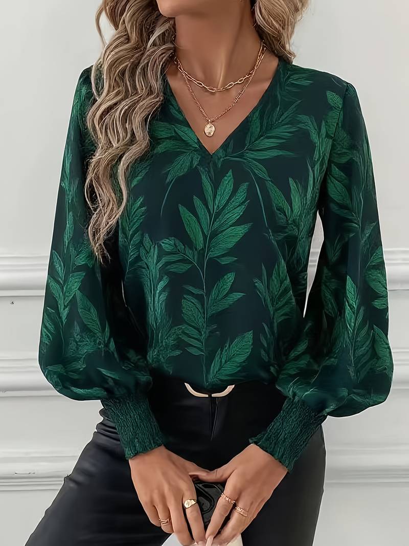Heliviennea - Elegante Blouse met Lange Mouwen Bladerenprint