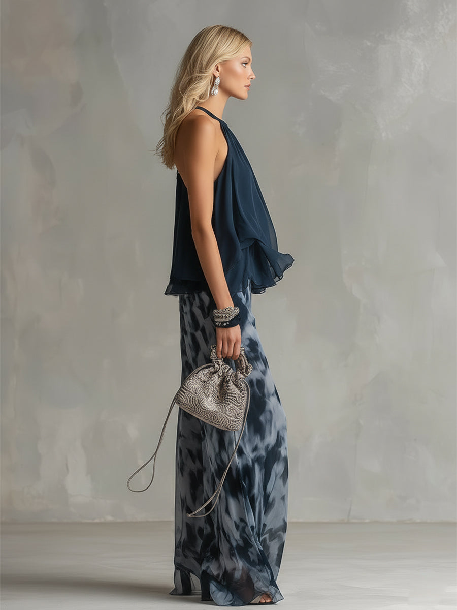 Pheronia - Dames tweedelige chiffon set met haltertop en brede broek met print