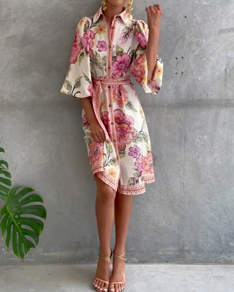Glyssara - Elegante bloemenjurk voor dames met lantaenmouwen en knopen