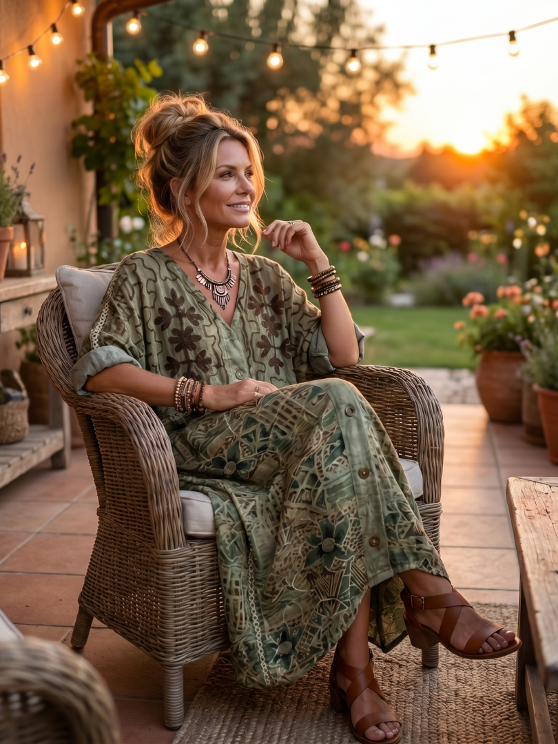Apollonia - Bohemian jurk voor dames met knopen en bloemenprint