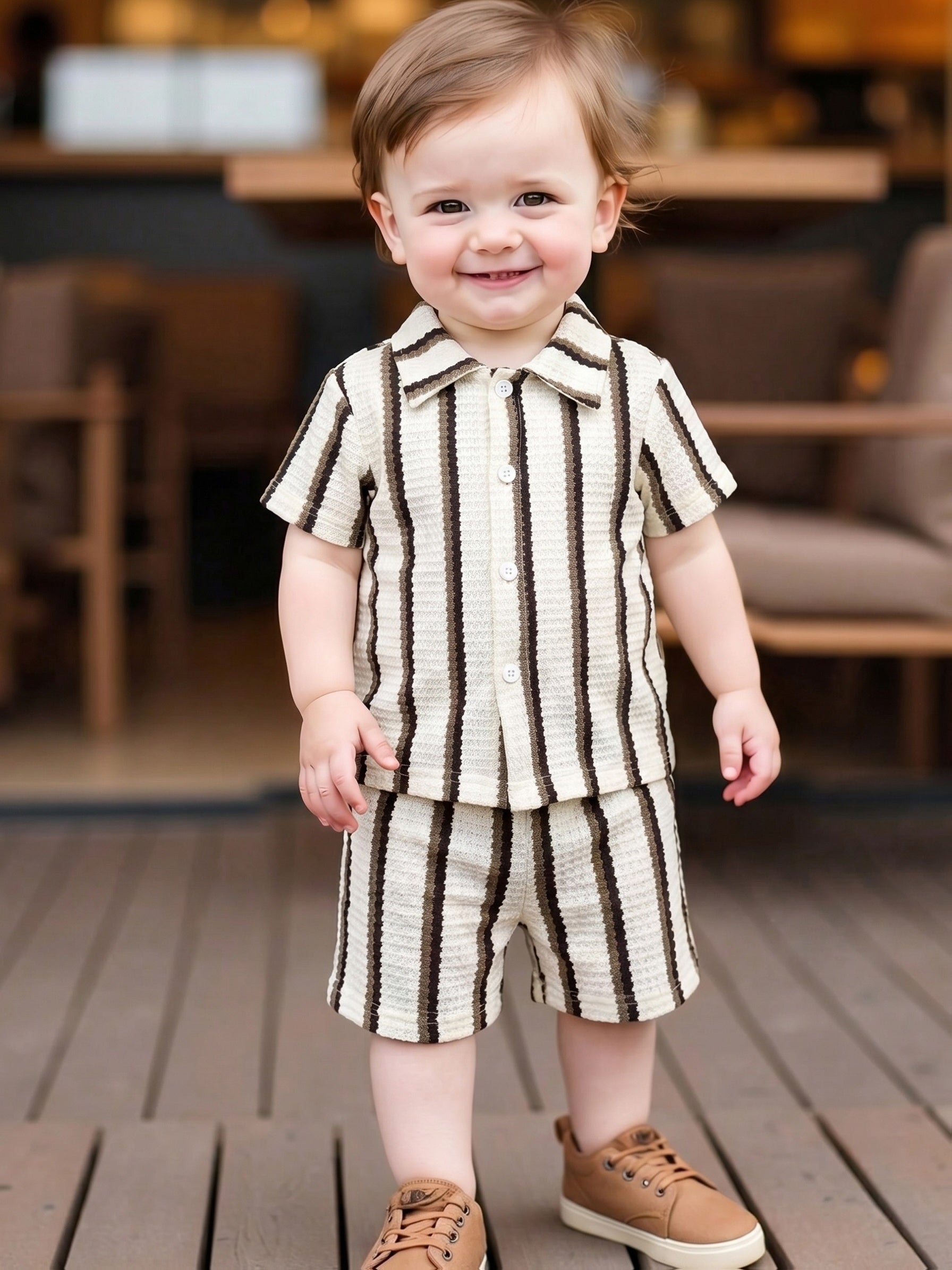 Boys' 2pcs Spring/Summer Set - Striped Pattern Lapel Short-Sleeve Shirt Paired with Casual Short-Sleeve Top for Casual Attire, Trendy Casual Outfit, Perfect for Outdoor