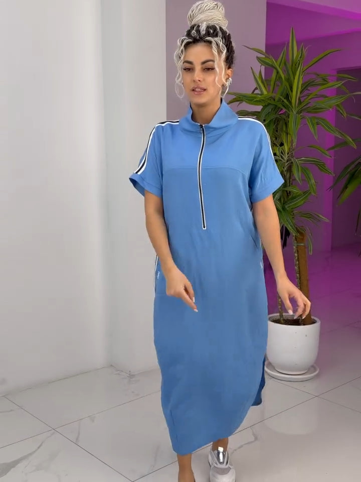 Gavrixa - Lange damesjurk met rits, hoge kraag, vloeiende snit, sportieve chique stijl, comfortabel