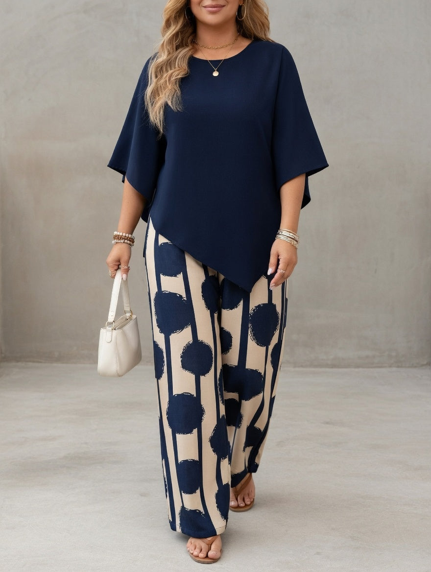 Lunoria - Vrouwen tweedelig ensemble met asymmetrische top en geprinte broek