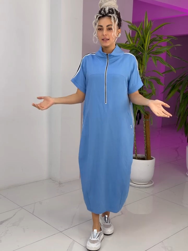 Gavrixa - Lange damesjurk met rits, hoge kraag, vloeiende snit, sportieve chique stijl, comfortabel