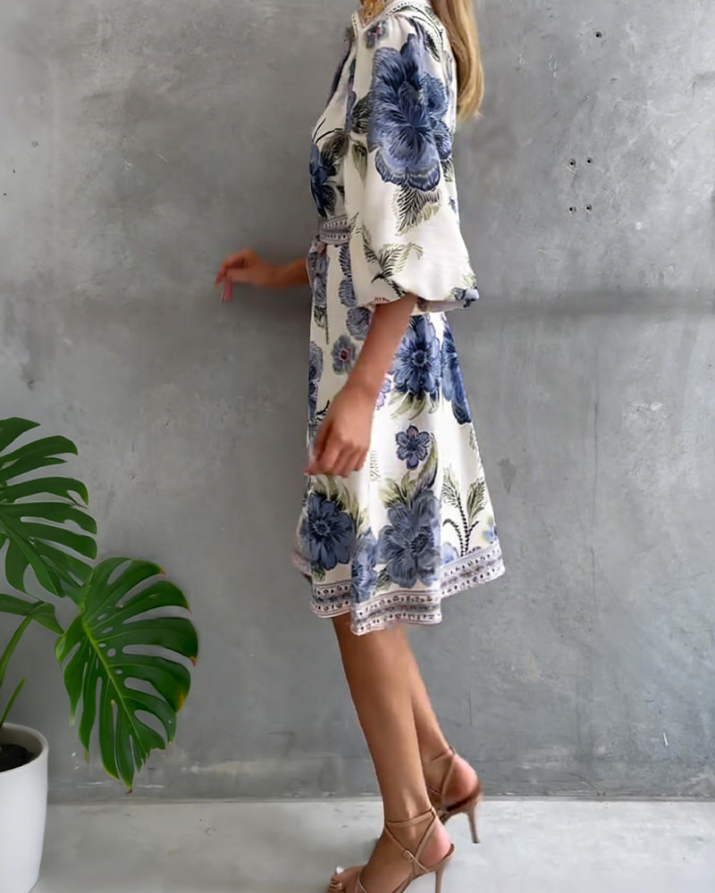 Glyssara - Elegante bloemenjurk voor dames met lantaenmouwen en knopen