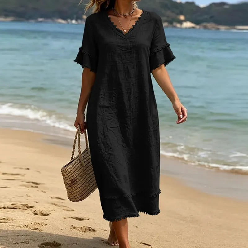 Naelle - Vrouwenjurk met V-hals en franjes in boho-stijl