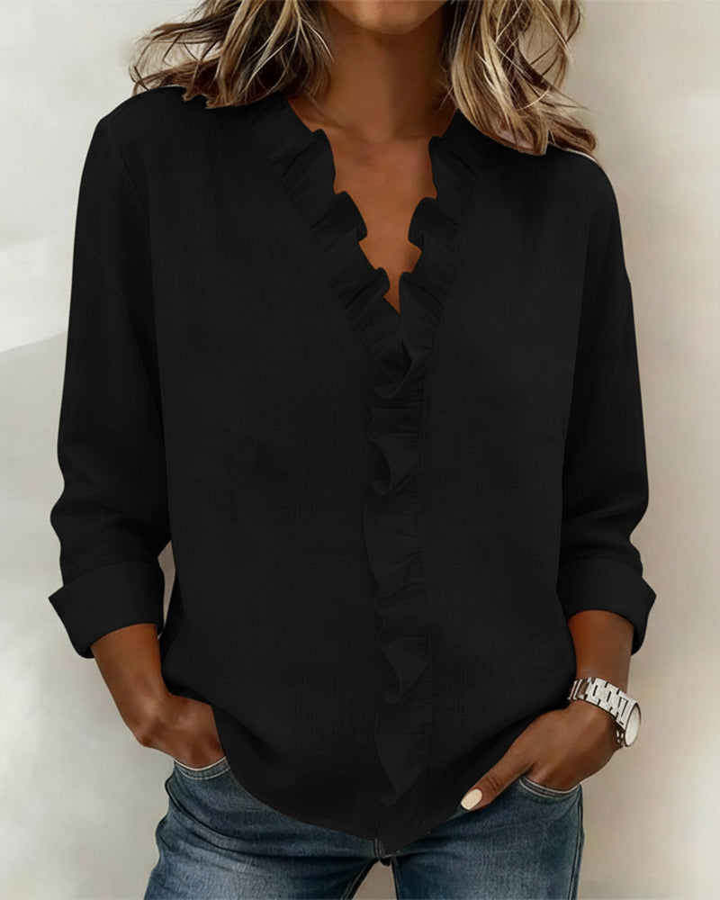 Elissavienne - Elegante Katoenen Blouse met Volants en V-Hals