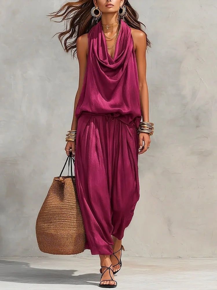 Qyraxa - Vrouwen tweedelig set vloeiende polyester elegante avond zomer