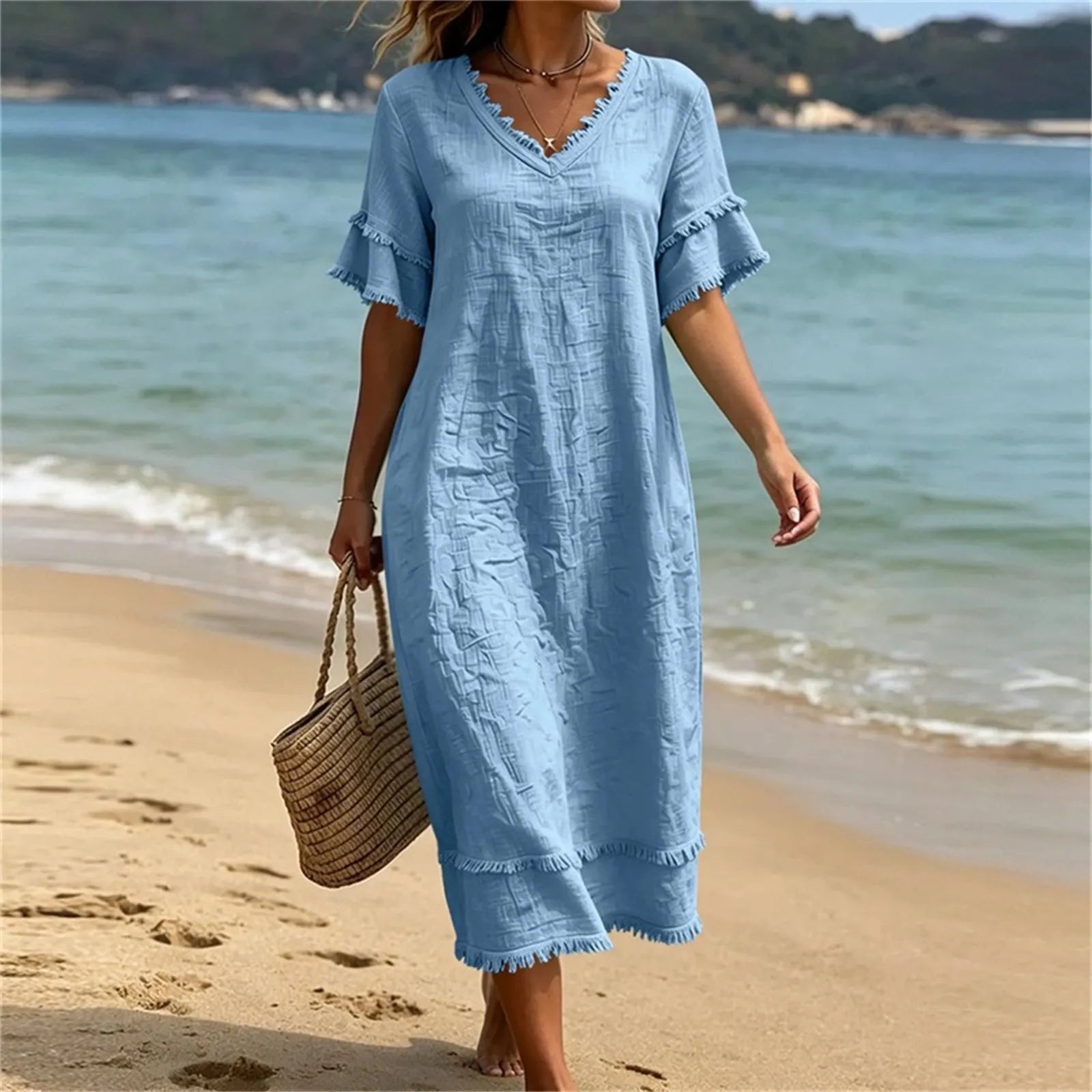 Naelle - Vrouwenjurk met V-hals en franjes in boho-stijl