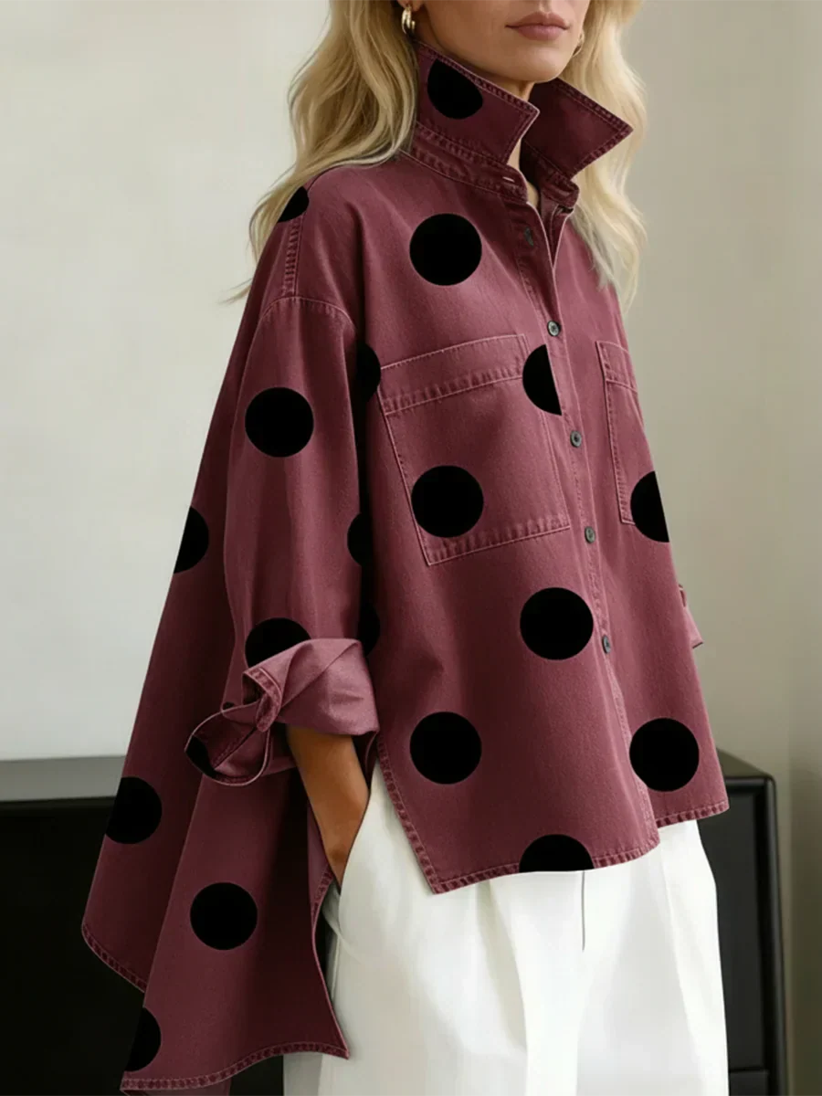 Aqira - Dames Overhemd Met Grote Stippen Oversized Moderne Gestructureerde Kraag