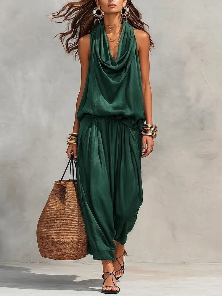 Qyraxa - Vrouwen tweedelig set vloeiende polyester elegante avond zomer