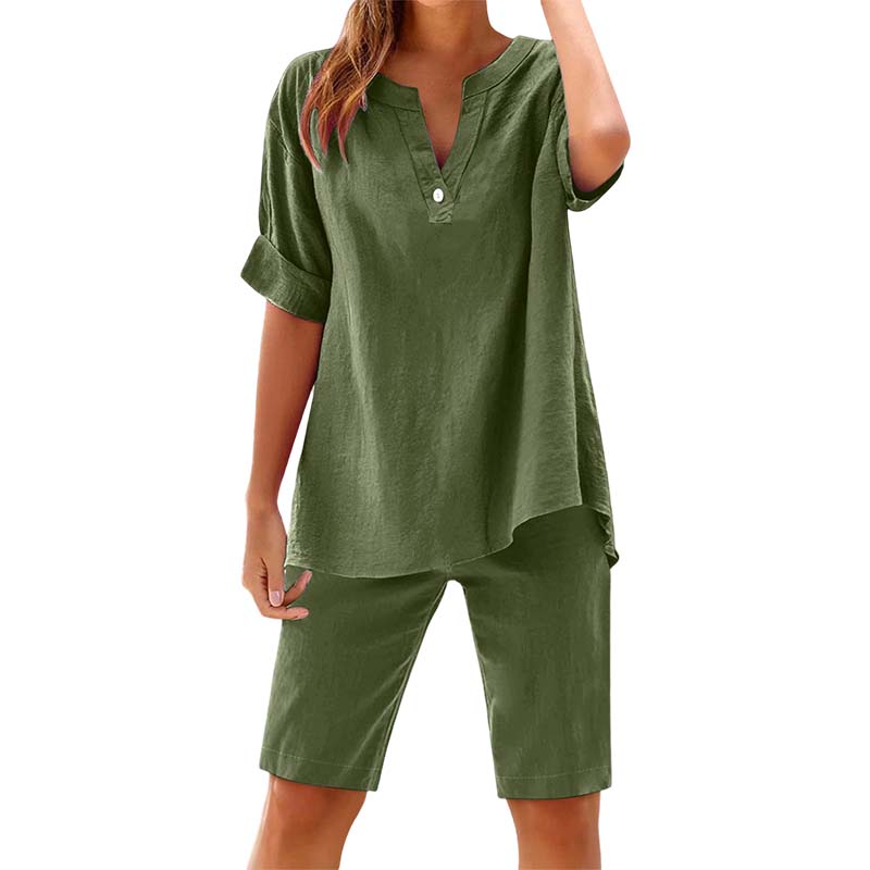 Gisoria - Ademend linnen damesensemble met V-hals top en bijpassende short