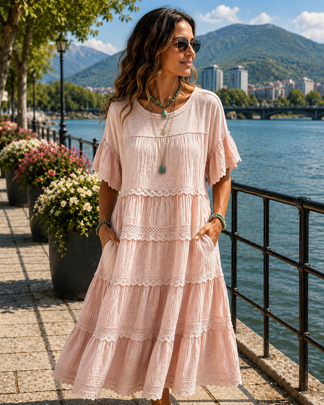 Rosalynne - Midi-jurk voor vrouwen van katoen en linnen met ruffles