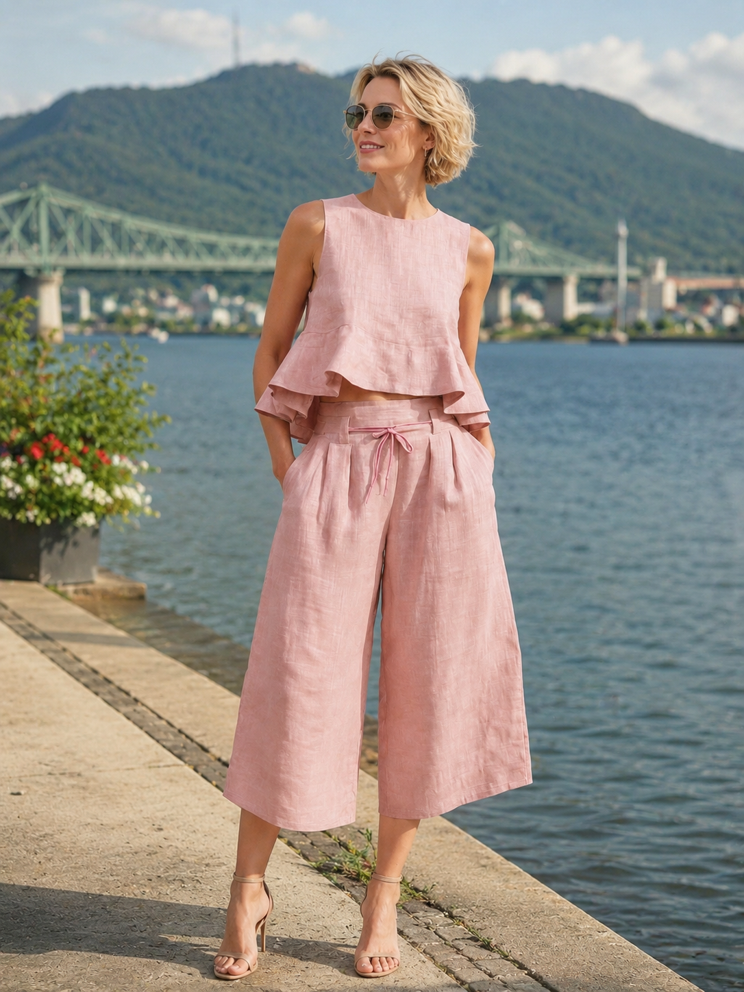 Quessoria - Vrouwen tweedelig set met volant top en brede broek