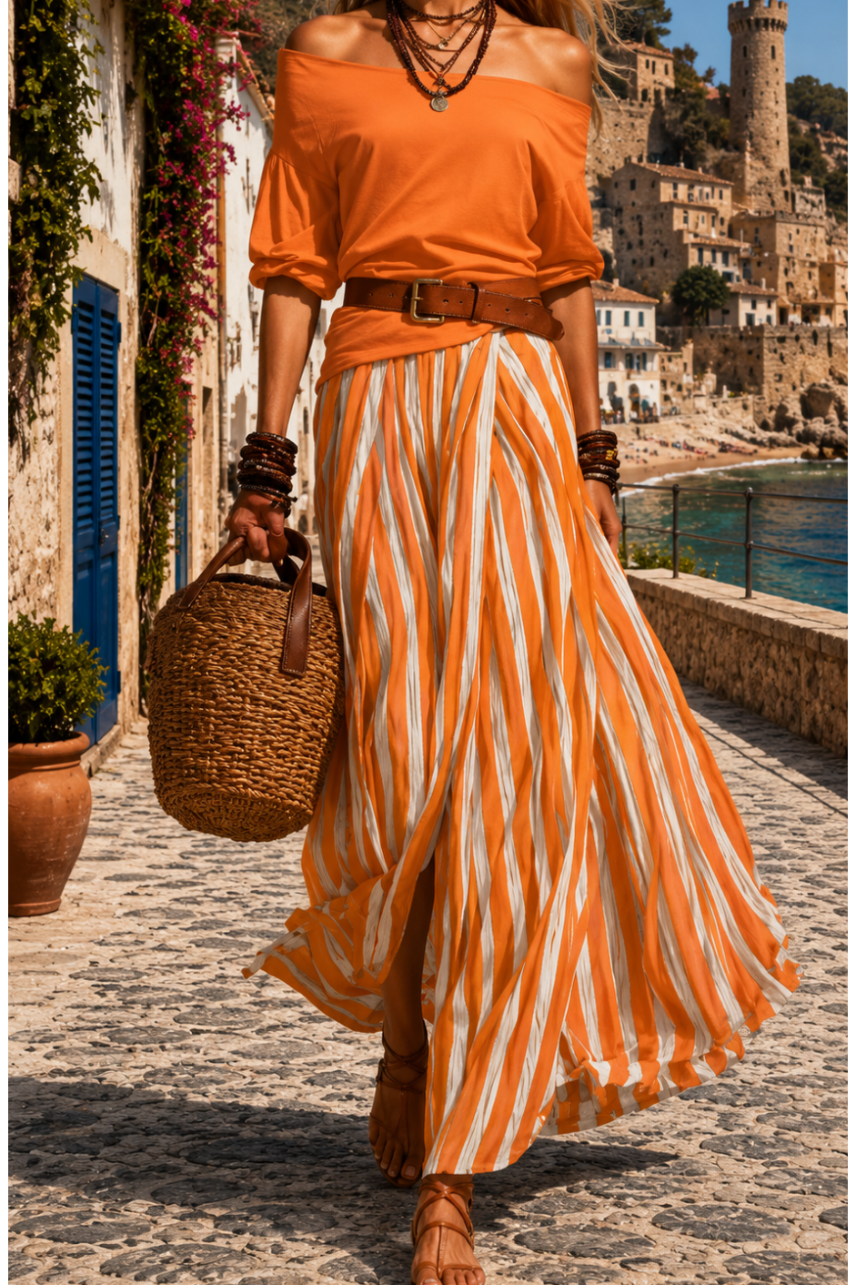Zéphyrine - Vrouwen bohemian set in groene kleur met gestreepte rok