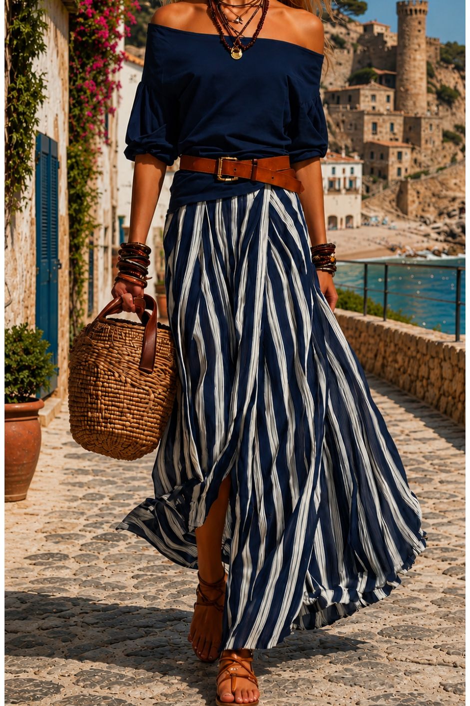 Zéphyrine - Vrouwen bohemian set in groene kleur met gestreepte rok