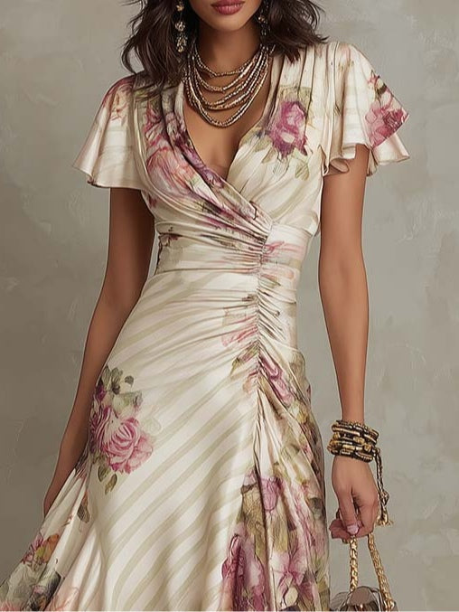 Daxirae - Elegante Midi Jurk voor Vrouwen met Bloemen Drapé voor Chic Uitjes