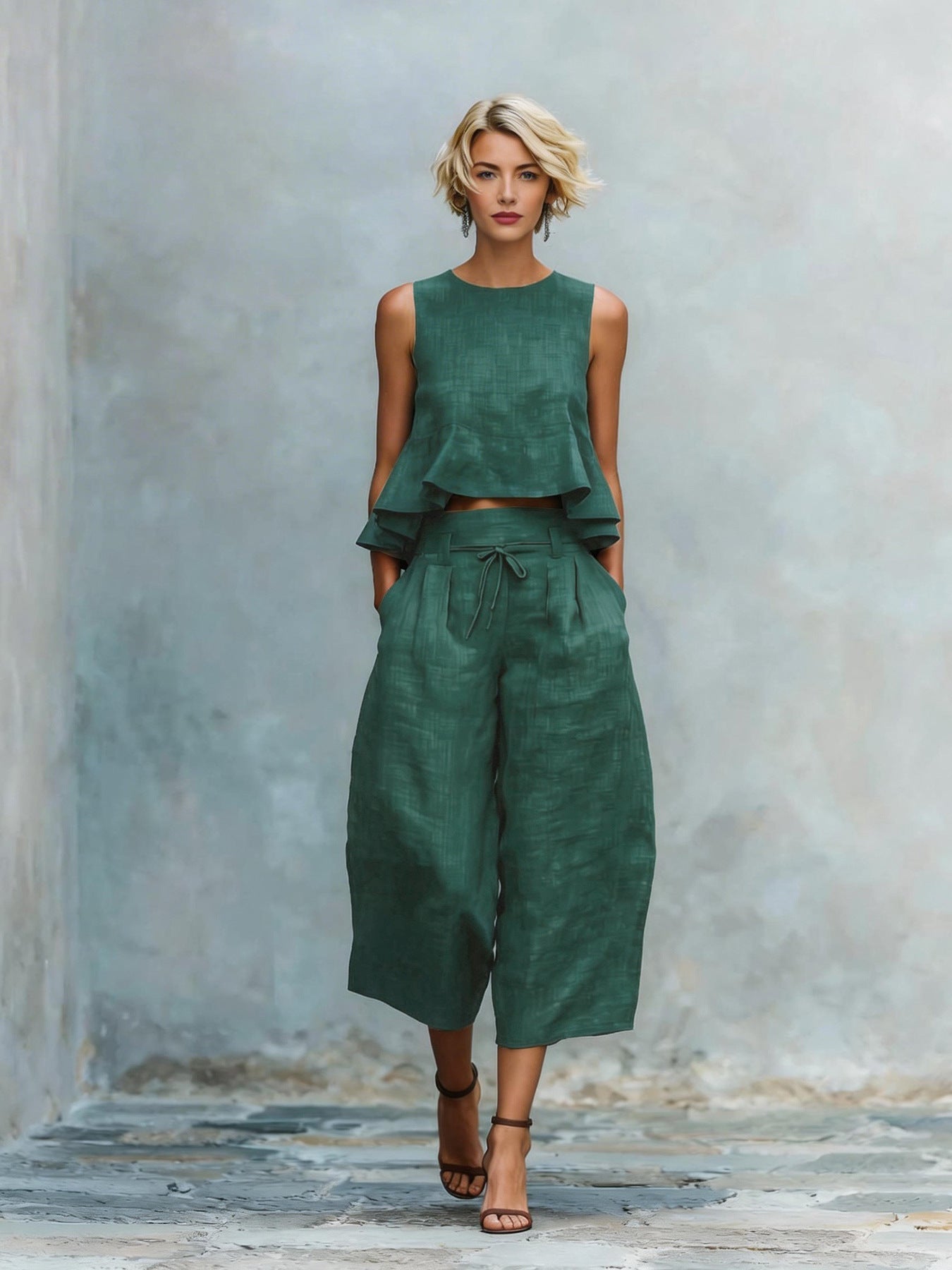 Quessoria - Vrouwen tweedelig set met volant top en brede broek