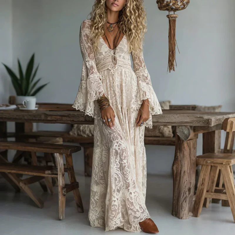 Mireis - Lange vintage jurk voor vrouwen in kant met zeemeermin snit