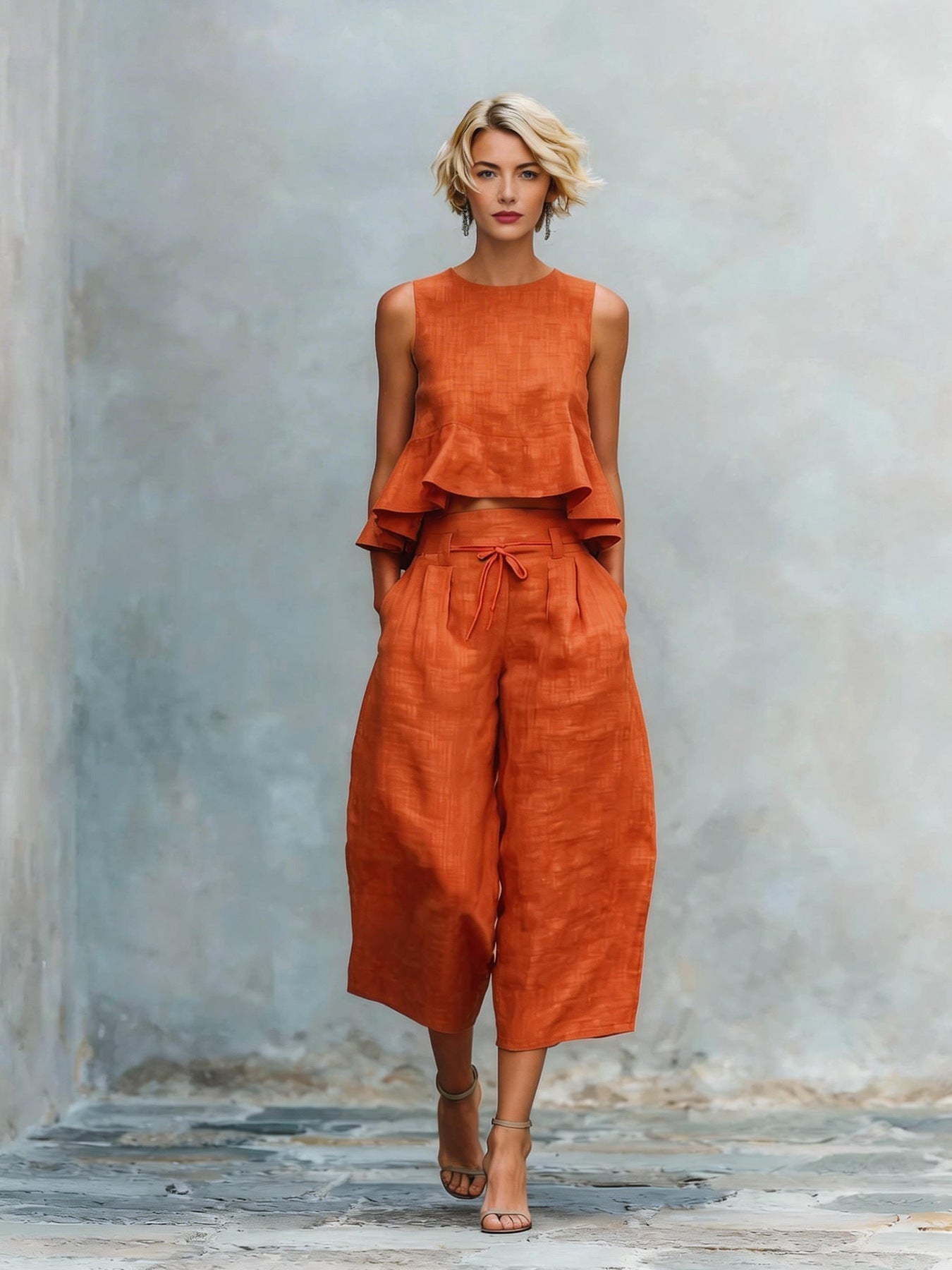 Quessoria - Vrouwen tweedelig set met volant top en brede broek